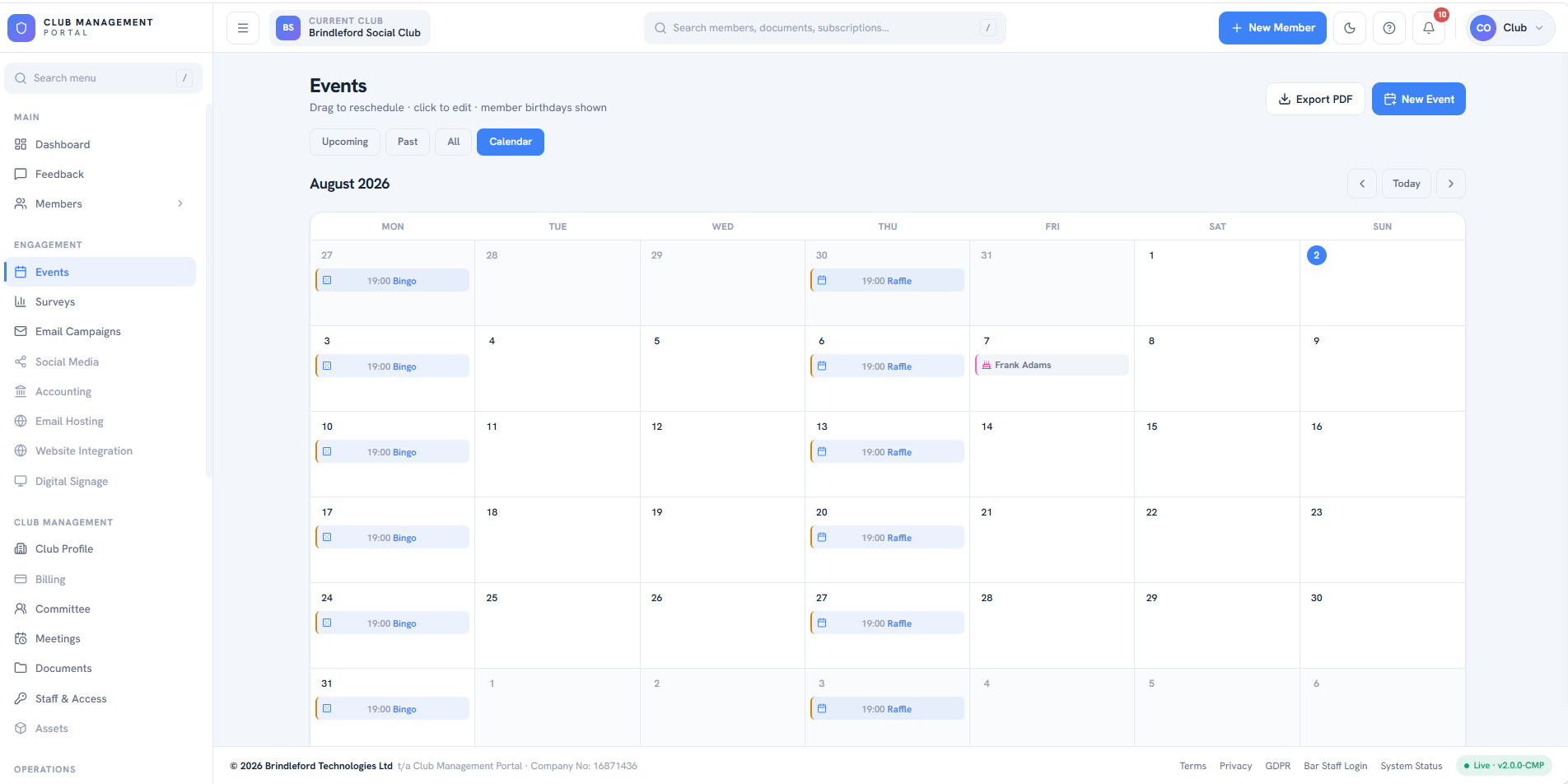 Events & Communications screen